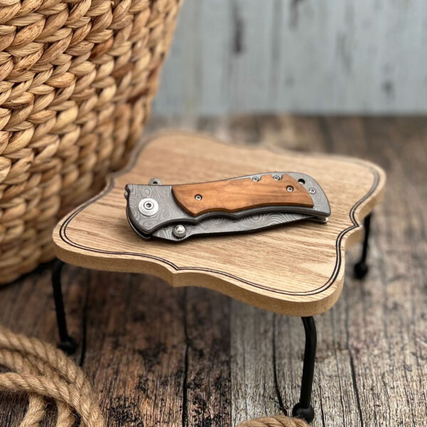 Olive Wood Damascene Knife - closed